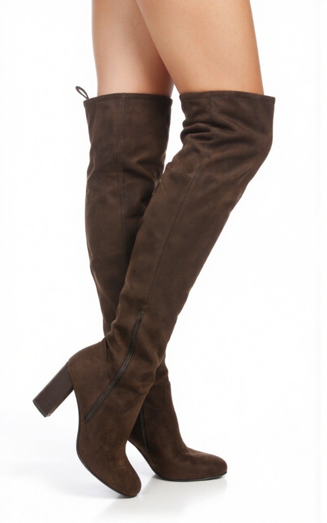 A female model wearing knee   high boots, against a white background, with a close   up of the feet